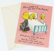 Vintage GET WELL Card USA Color Lithographed Anamorphic Ducks Nurse Doctor 1940s picture
