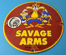 Vintage Savage Arms Sign - Goofy Porcelain Service Gun Ammo Gas Oil Pump Sign picture