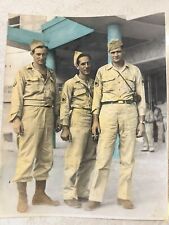 Vintage 1940s WWII US Army Three Soldiers Smoking Hand Colored Tinted Photo picture