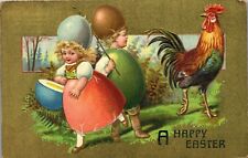 Easter Postcard Kids in Egg Shell Costume Fighting off Rooster Silk Fantasy 1911 picture