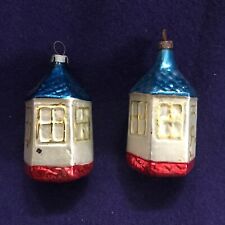 2 Vintage Czech mercury glass hexagon house Christmas ornament  red white blue picture