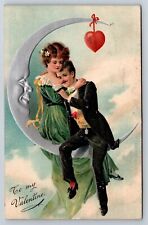 Postcard Valentines Day Young Couple In Love Sitting On Crescent Moon c1908 AD26 picture