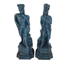 Pair Vintage Statues MCM Blue Revolutionary War Soldiers w/ Musket Sword 13.5