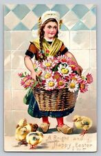 c1905 Raphael Tuck Girl Chicks Basket Flowers Easter P738 picture