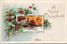 c1910s MERRY CHRISTMAS Embossed Postcard Winter House Scene / Holly - Unused picture