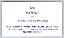 Vintage Business Card Roy Minor's Paint Moose San Diego CA Auto Body picture