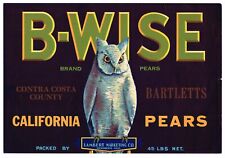 PEAR CRATE LABEL VINTAGE B WISE OWL SCARCE SACRAMENTO EDGE CONTRA COSTA DAMAGE picture