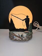 Vintage Trout Fly Fisherman Table Lamp w/ Silhouette Fishing by Moonlight Tested picture