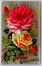 Birthday Greetings~Roses On Wood Background~Printed In Germany~Vintage Postcard picture