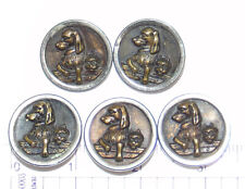 qty 5 Vintage Antique Metal & Or Brass Buttons, Two Dogs, 1-1/8