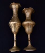 Pair Of Vintage Brass Etched Bud Vases/Candle Holders with Scalloped Edge picture