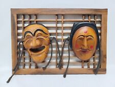 Rare Hand Carved 3D Hahoe Masks Yangban & Bune Tied Thru A Shoji Screen Frame  picture