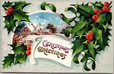 Vintage 1910s CHRISTMAS Embossed Postcard Winter House Scene / Holly & Mistletoe picture