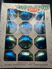 12 VINTAGE Shiny Brite Christmas Ornaments BLUE SILVER GLASS OMBRE ORIGINAL BOX picture