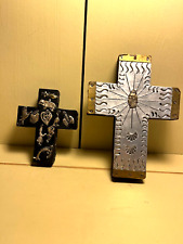 2 Vintage Mexican Folk Art Crosses w/Milagro Charms and Stamped Tin Overlay picture