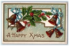 c1910's Christmas Holly Berries Bells Blue Ribbon Embossed Antique Postcard picture