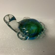 Vintage hand blown glass small cute little turtle blue green paperweight picture