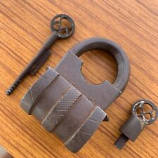 2 key iron screw type padlock or lock, trick or puzzle, Antique or old. picture
