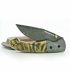   AishaTech Classic Hand Crafted Folding Knife Damascus Steel Ram Horn H AT-1215 picture