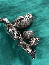 Vintage Owl Family Miniature Pewter Mama Owl w/2 Babys Sitting on Branch 2.5” picture