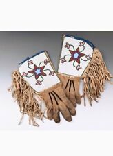 Old American Style Handmade Sioux Flora Beaded Leather Gauntlet Gloves G5 picture