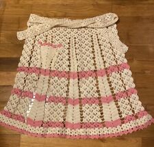 Vintage Mid Century Pink & Off White Hand Crocheted Half Apron With Pocket picture