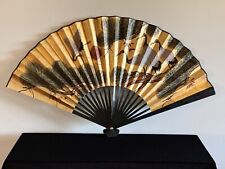 Vintage Asian Hand Painted Birds, Gilded Gold,  Large Fold Out Fan, Wall Art picture
