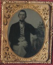 MAN SEATED AT TABLE. LOVELY TINTED 6TH PLATE AMBROTYPE, FULL CASE. picture