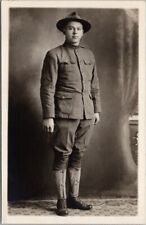 Vintage 1910s WWI Military Studio RPPC Photo Postcard Young Soldier in Uniform picture