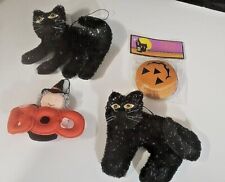 Vintage Lot 3 Halloween Ornaments 2 Cats, 1 Witch, + 1 Pack 6 Mini Frisbees NOS picture