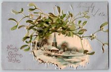 Holiday~Hearty Christmas Wishes~Mistletoe & Winter Church Scene~Emb~Vintage PC picture