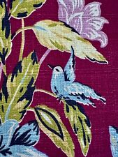 1930s Hawaiian Blue Bird & Leafy Floral Burgundy Barkcloth Vintage Drape Curtain picture