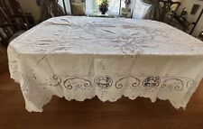 Vintage Italian Banquet Tablecloth Hand Embroidered Faces Cut Out Lace 94 X 87” picture