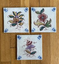 (3) Antique Sant Anna Lisboa Portugal Ceramic Tiles Flower Floral 5.5” Vintage picture