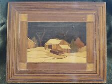 Vintage 1954 wood marquetry picture wall hanging Old Shack in Woods 13 x 11