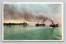 c1913 WB Phostint Postcard Detroit Michigan Steamers Ships off Belle Isle Light picture