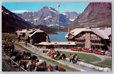 Postcard Montana Many Glacier Hotel Swiftcurrent Lake Unposted Horses Cars picture