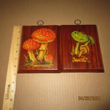 2 MCM Vintage Mushroom Decoupage Wooden Wall Plaques 5 1/4