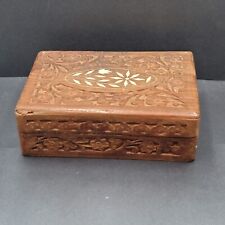 Vintage Hand carved Wood Trinket Jewelry Box Inlay Flower India 7