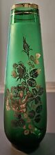 Antique 1930s Emerald Green Vase with Gold & Silver Hand-Painted Flowers - 7.75