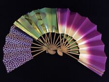 V0568 Japanese Folding Hand Fan SENSU Set Vintage 3pc GEISHA Interior picture
