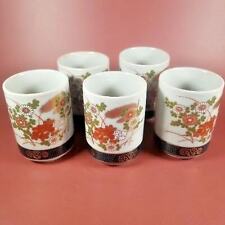 Kutani Japanese 5 Piece Pottery Tea Cup Set Rust Red Gold Green Flowers Vintage picture