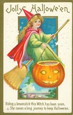 Stecher 226C Riding A Broomstick Jolly Halloween Postcard~Little Witch~JOL~c1916 picture