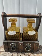 Mid-Century Bar ware Tantalus Vintage Wooden Caddy Holder & Pair of Amber  Glass picture
