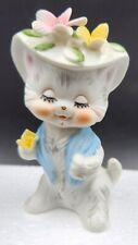 Vintage Cat Kitten In Bonnet W Flowers Porcelain Figurine Kitschy Kitty Napco? picture