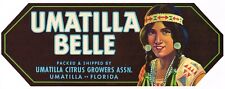 ORIGINAL CRATE LABEL VINTAGE FLORIDA C1930 UMATILLA BELLE AMERICAN INDIAN GIRL  picture