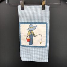 vintage DUNROVEN holly hobbie Kitchen dish Tea Towel Blue Check gone Fishing picture