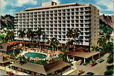 Princess Kaiulani Hotel Honolulu HI 1950s Artist Designed Poolside Cars Postcard picture
