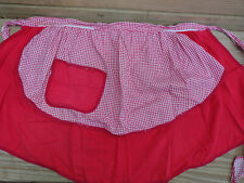 VINTAGE Mid-Century Half Apron Red Gingham Reversible Homemade Cotton  picture