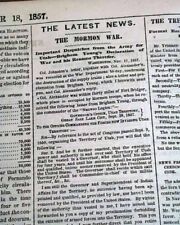 BRIGHAM YOUNG Prolamation of Martial Law Utah War Decl. Mormons  1857 Newspaper picture